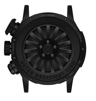 Edox Chronorally Gehäuse, schwarz von hinten mit Felgenoptik